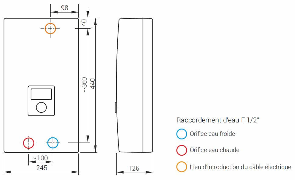 Croquis du chauffe eau instantané à commande électronique KDE5 Kospel